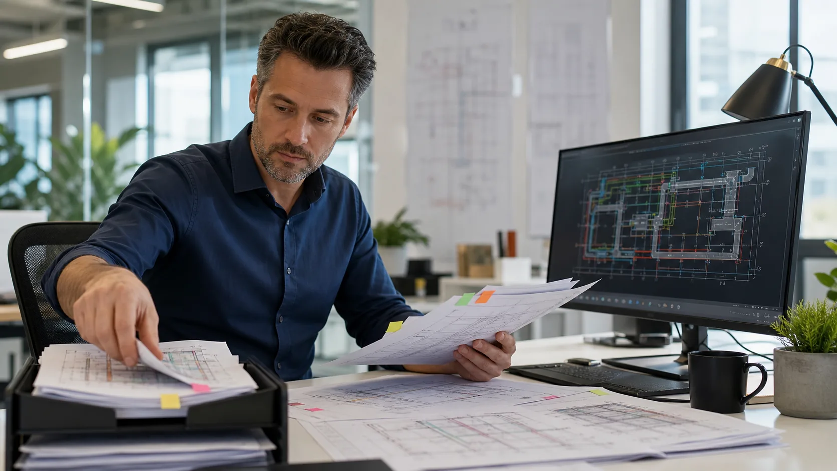 CAD manager organizing marked MEP drawing requests beside an AutoCAD-style workstation