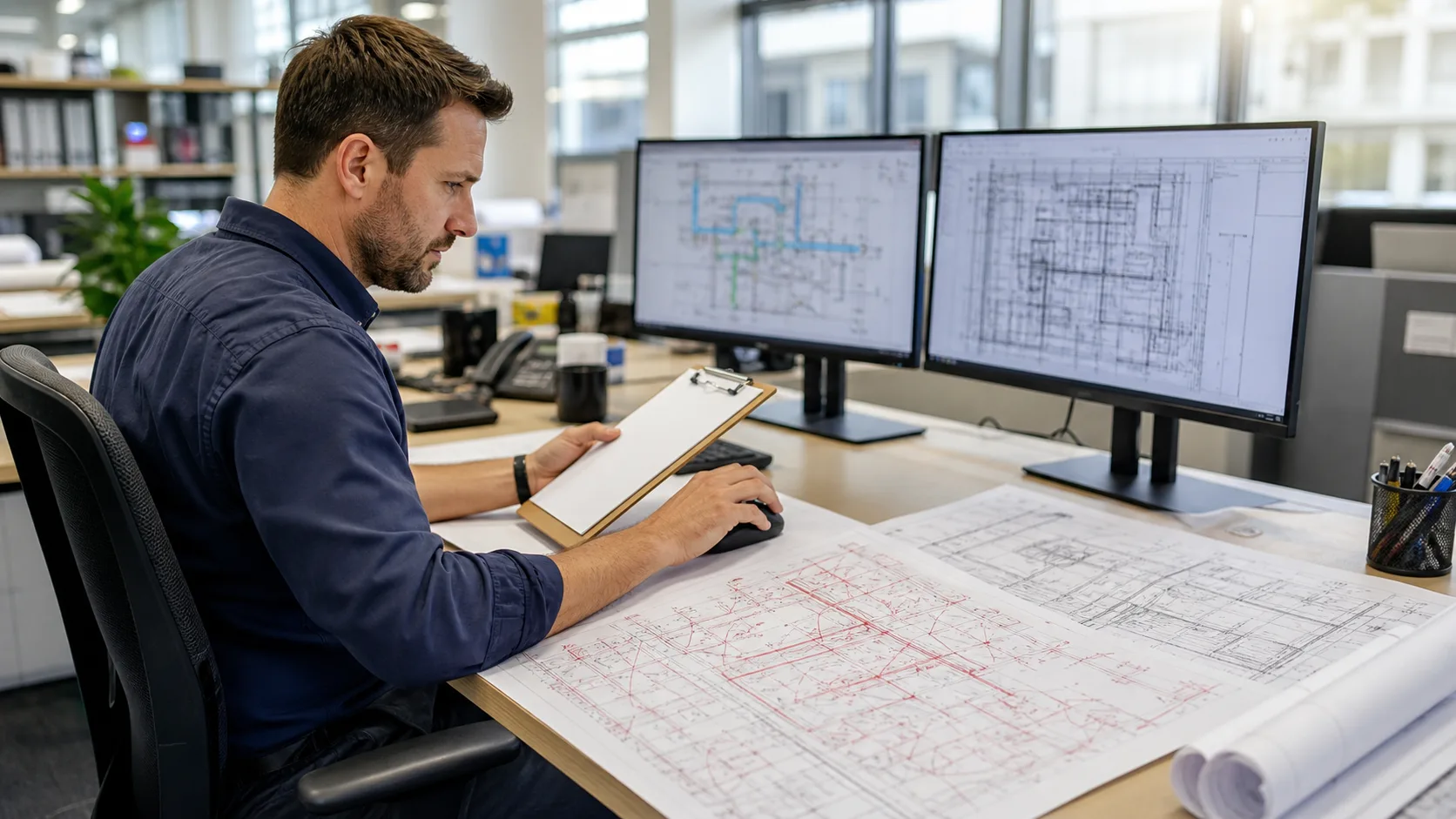 CAD manager reviewing AutoCAD MEP QA drawings before issue in a modern engineering office