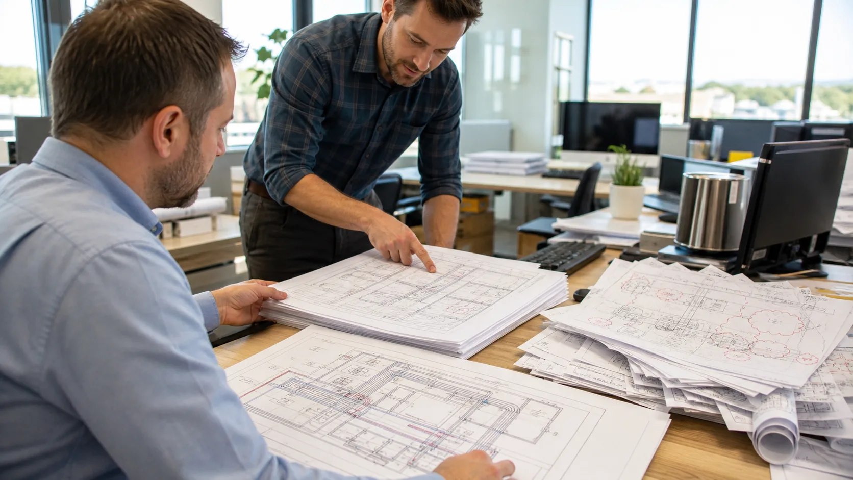 CAD manager reviewing revised MEP drawing sheets beside messy older markups in a modern engineering office