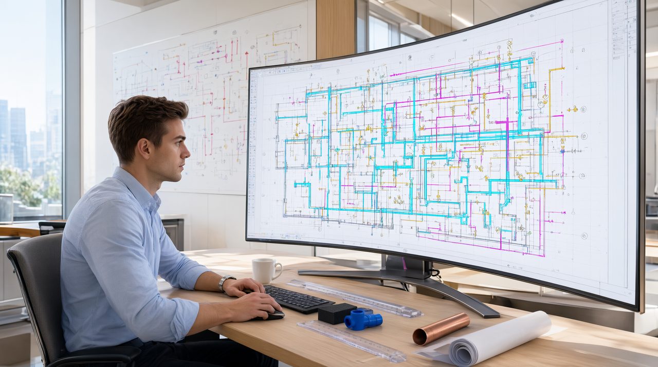 An MEP engineer reviewing an AutoCAD floor plan with duct and pipe layouts on a large screen in a bright engineering office.