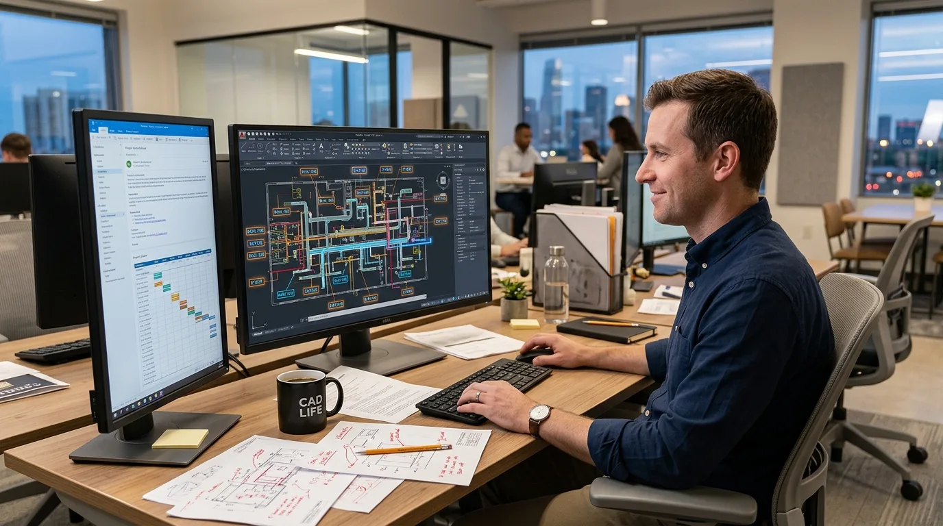 Focused MEP CAD manager at a workstation with a monitor showing an AutoCAD drawing of highlighted MEP tags being updated by AI, coffee mug and redline notes nearby, expressing relief as the automation processes the tags