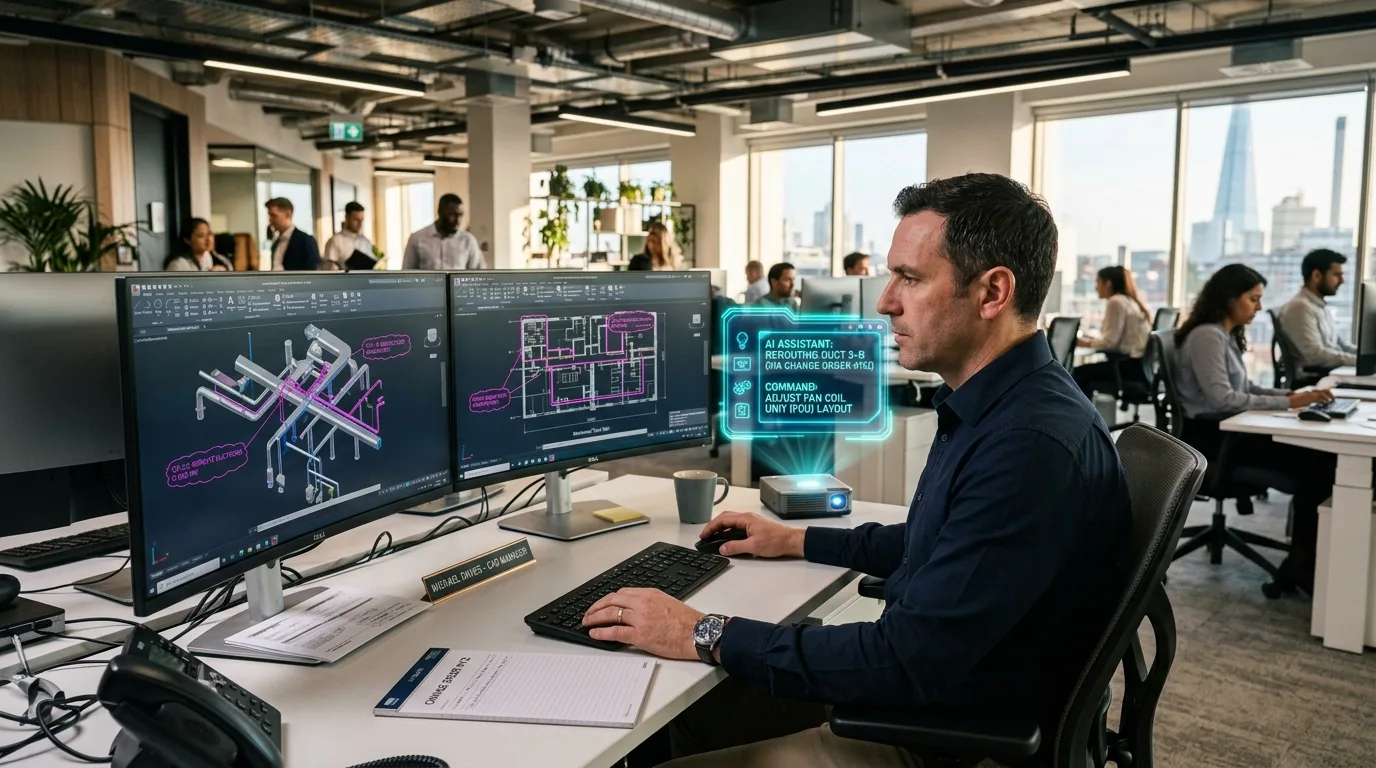 CAD manager reviewing AutoCAD MEP drawings with AI-powered change order automation displayed on dual monitors