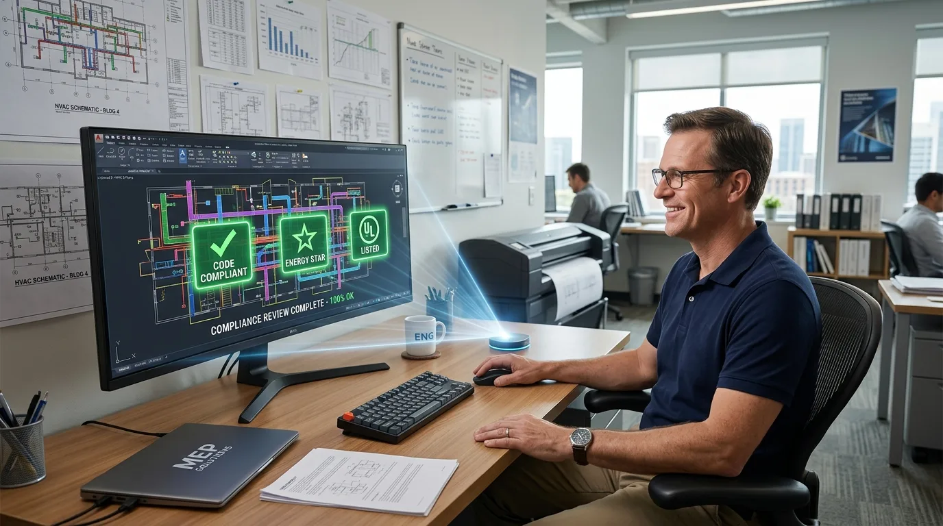 MEP engineer at drafting workstation with AI holographic assistant showing compliance‑checked AutoCAD drawing