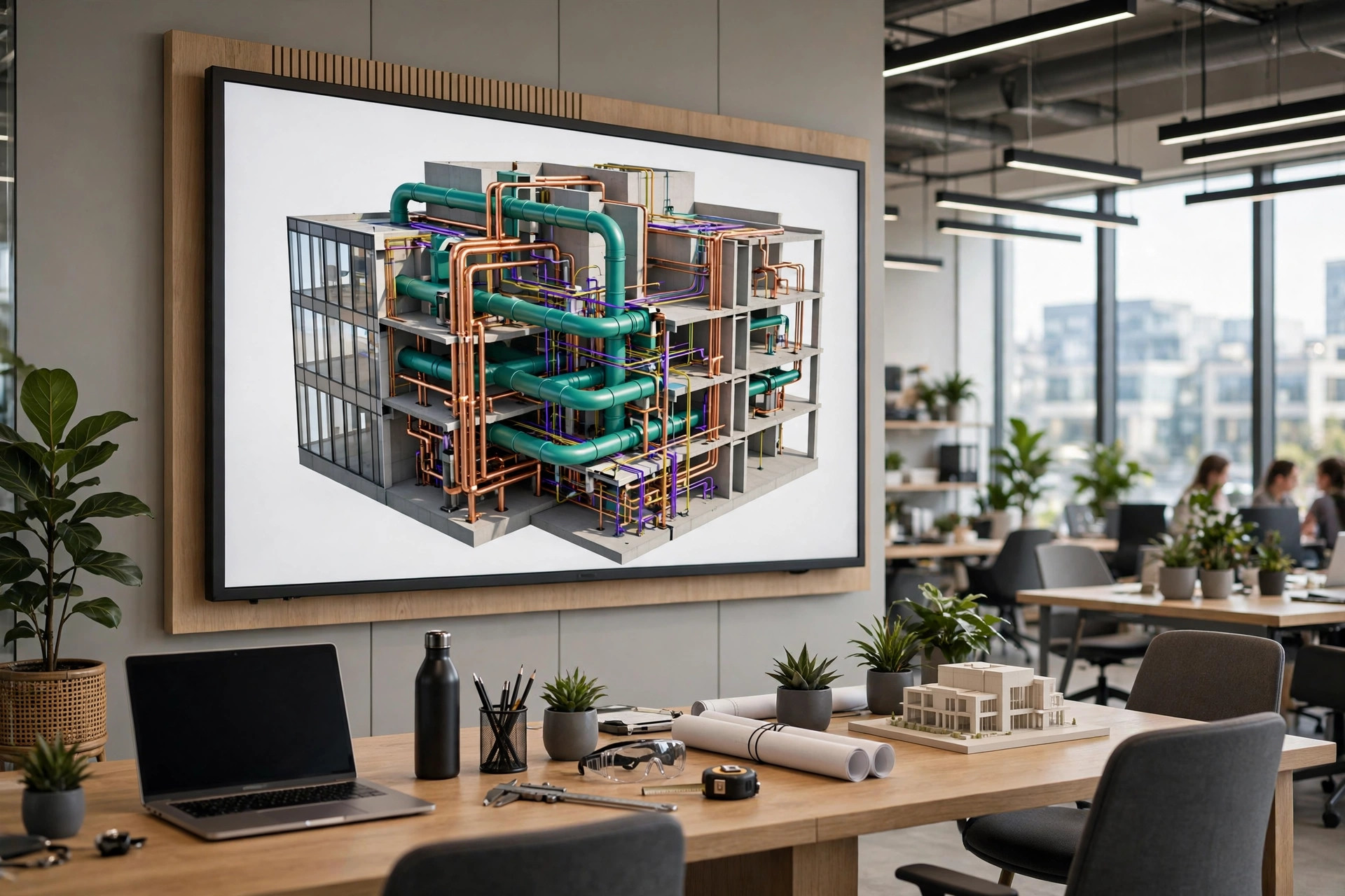A 3D cutaway of a building model with ductwork, piping and conduit on a large screen in a bright engineering office.