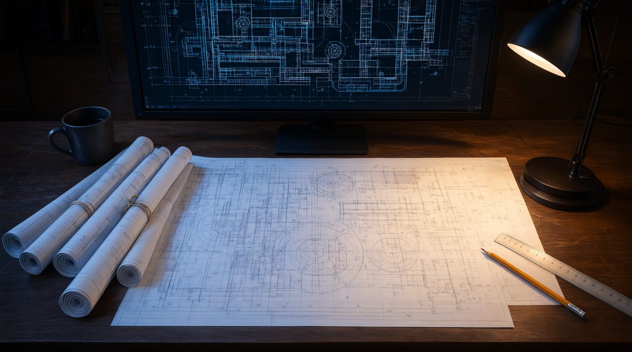 Engineering desk with rolled MEP construction plans and a CAD workstation showing HVAC duct linework under warm desk light.