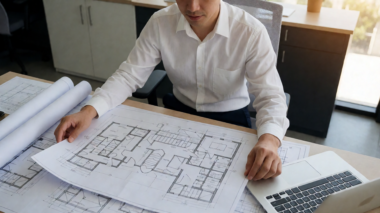 An engineer reviewing printed MEP floor plan drawings at a desk with rolled blueprints nearby.