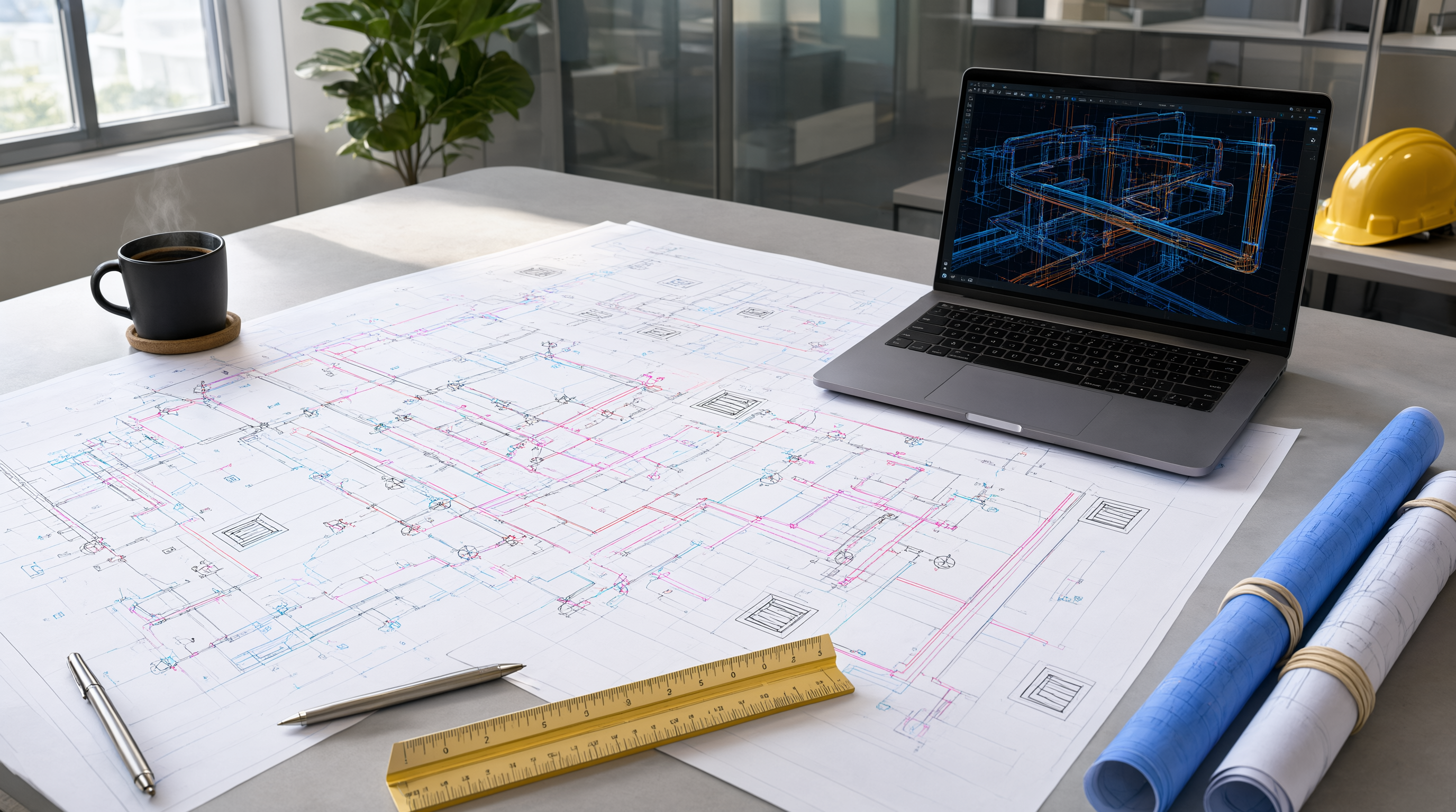 An MEP engineer's desk with AutoCAD construction drawings and a laptop showing a 3D ductwork model during as-built reconciliation.