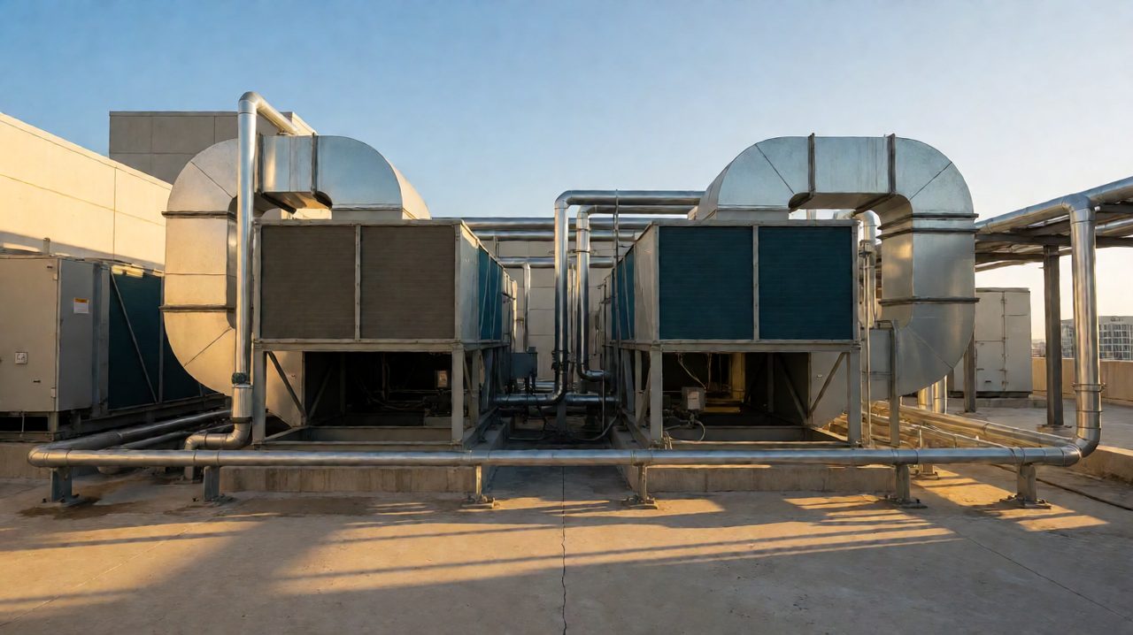 Two rooftop air handling units with ductwork and piping at a commercial building.