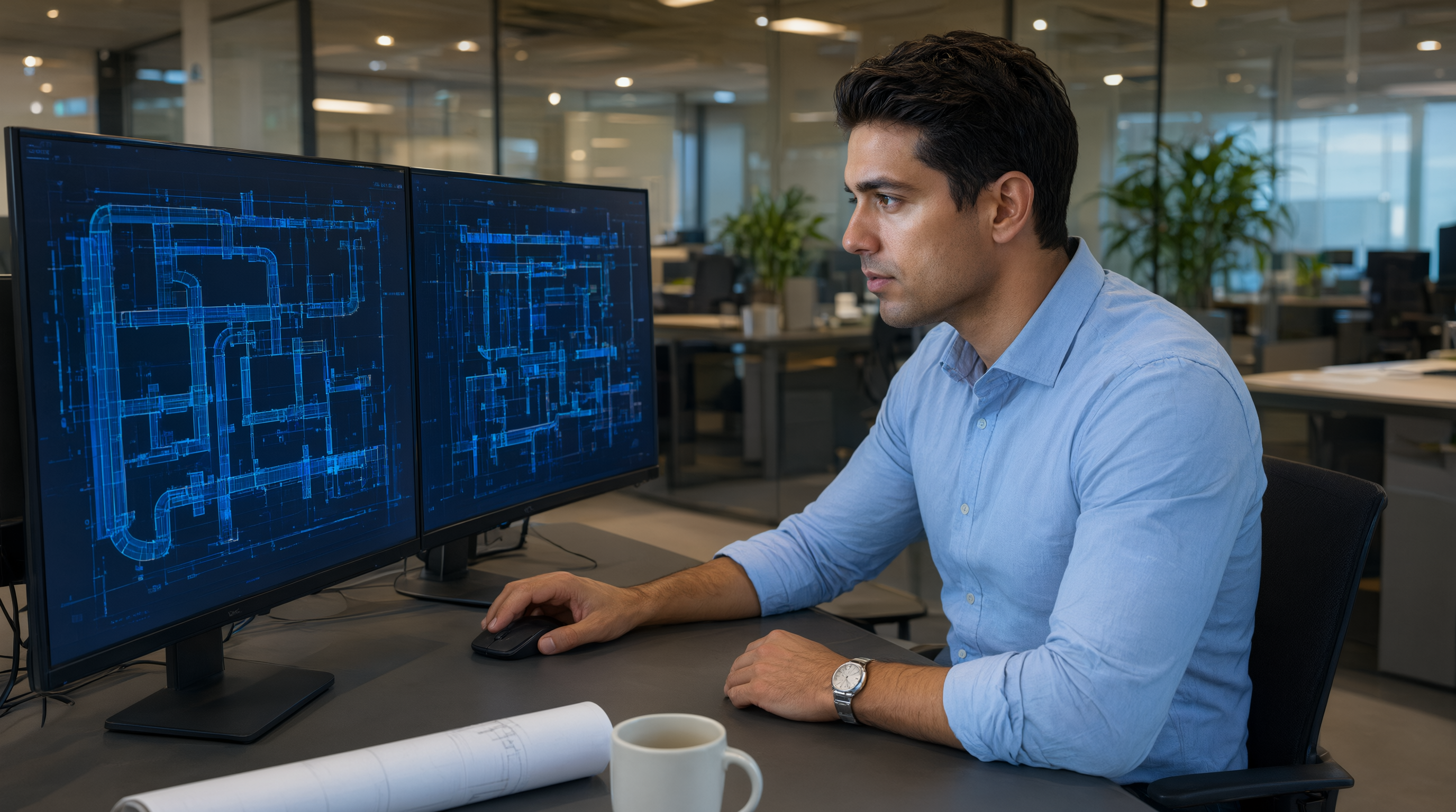 An MEP engineer reviewing blue ductwork drawings across dual monitors in a modern office.