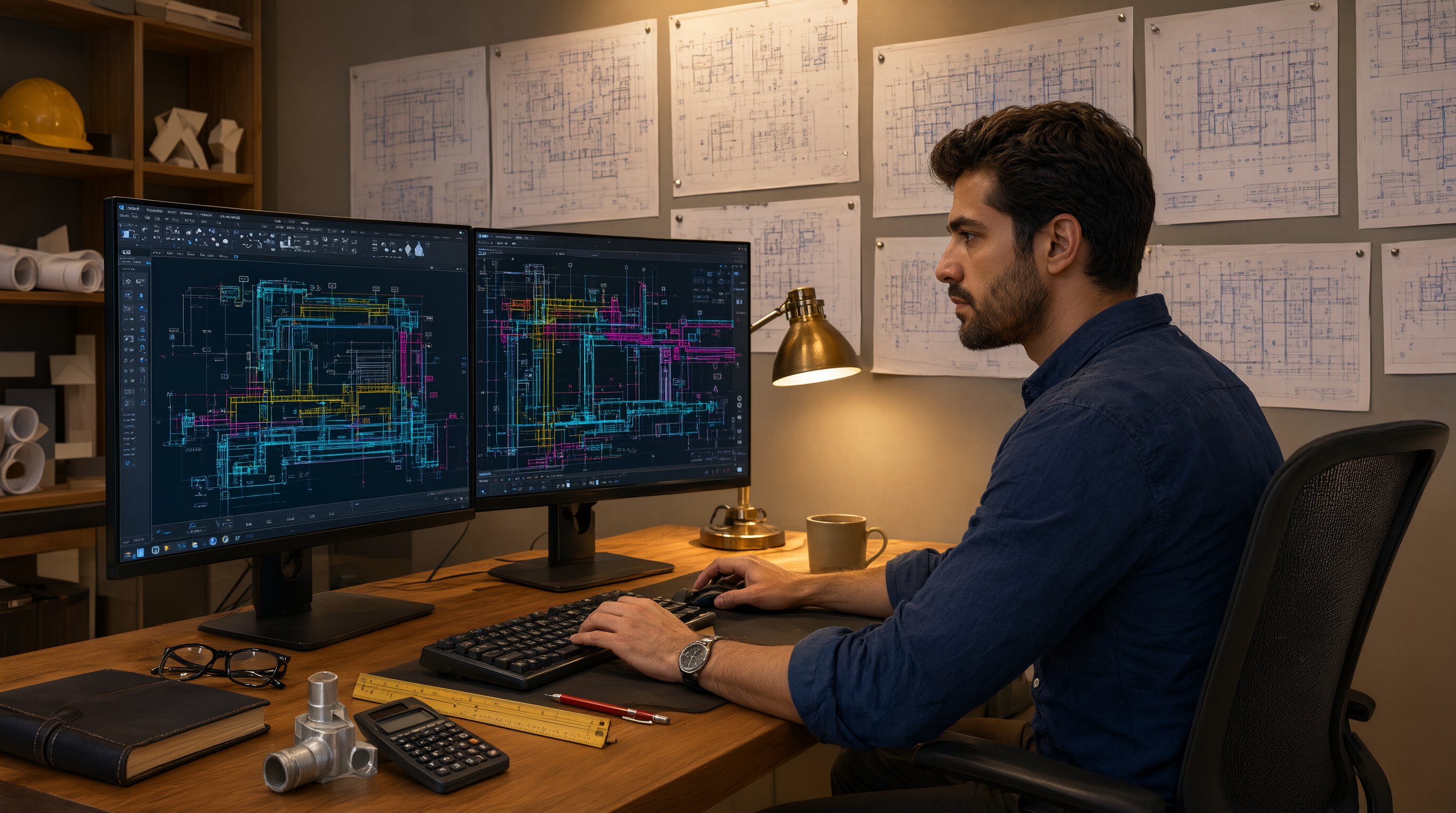 An MEP engineer revising ductwork routing in CAD at a desk with dual monitors and construction drawings on the wall.