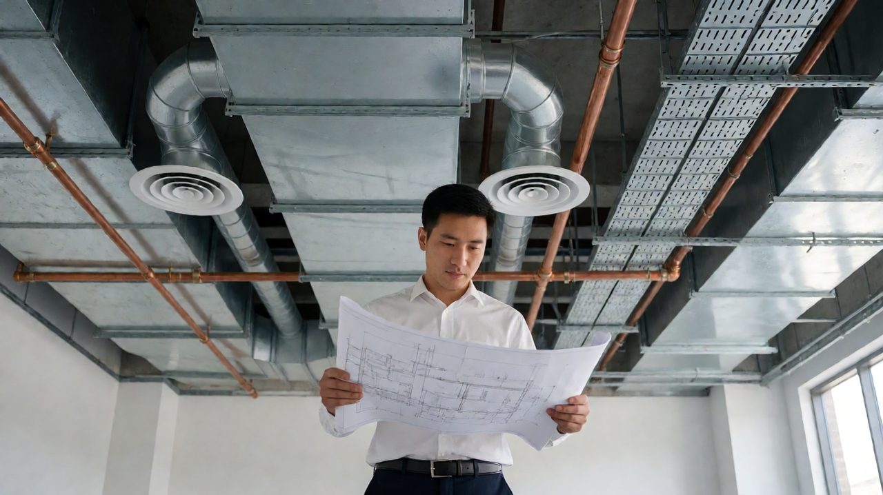 An engineer reviews construction drawings beneath exposed ductwork and piping in a commercial ceiling plenum.