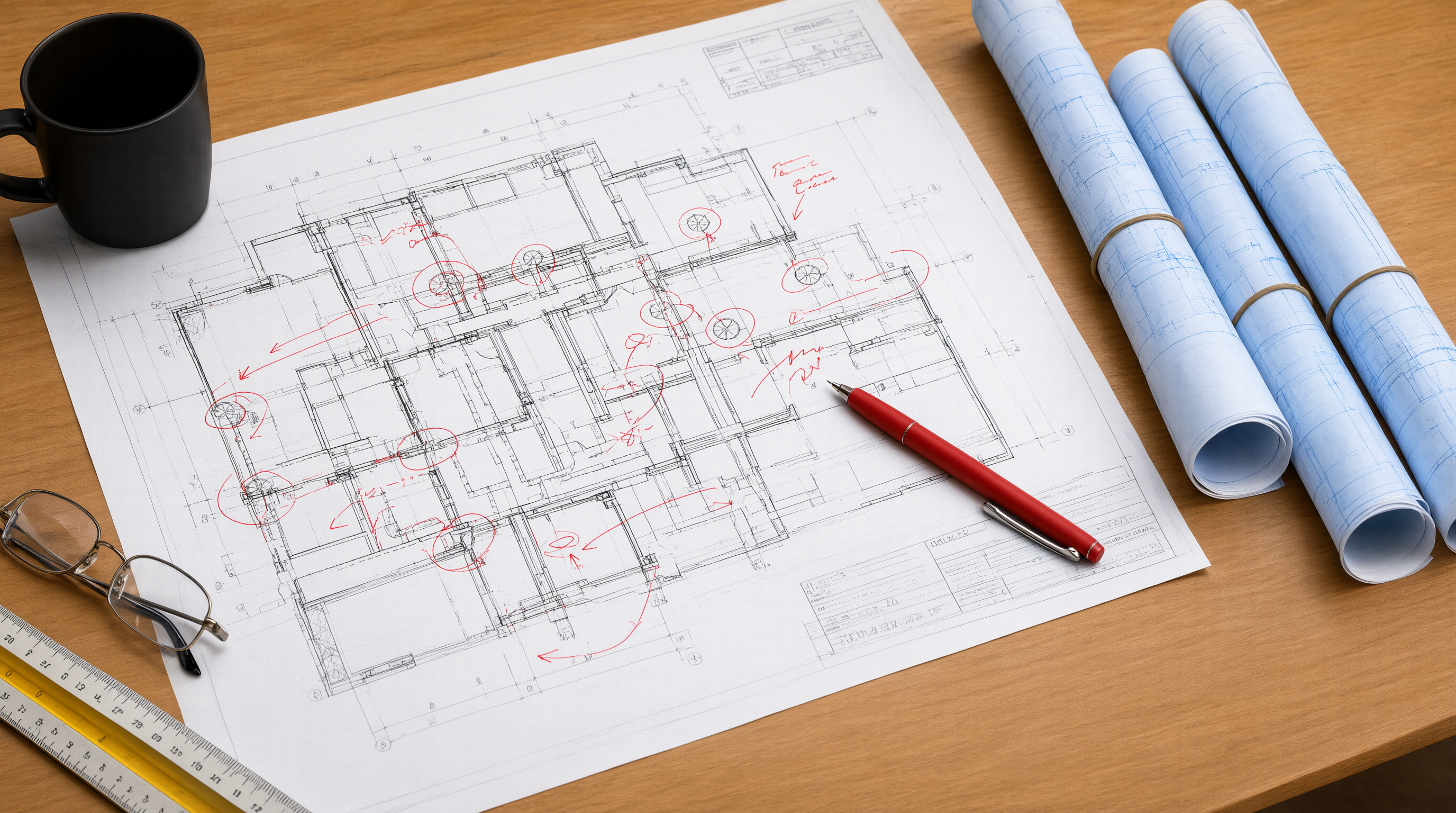 Printed mechanical engineering floor plan drawings spread on a desk with a hard hat and review documents, ready for plan check corrections.