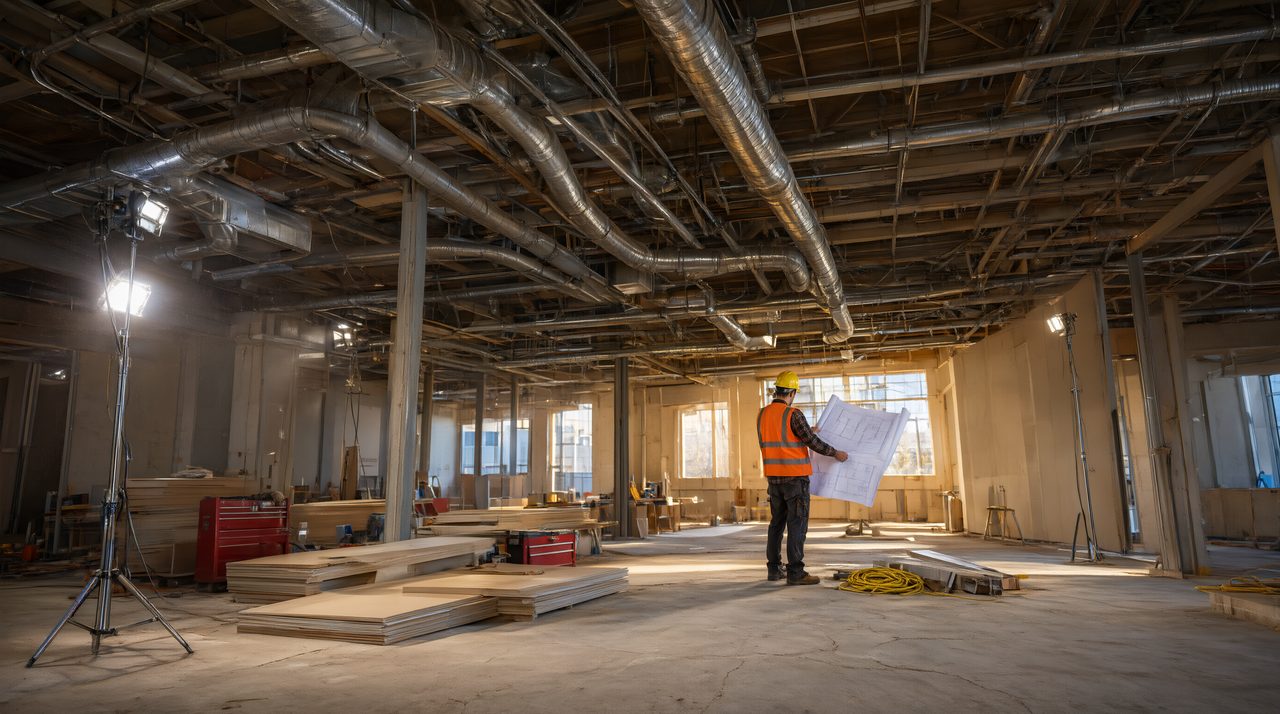 Commercial interior mid-renovation with exposed ceiling, visible ductwork and conduit, and a worker reviewing plans.
