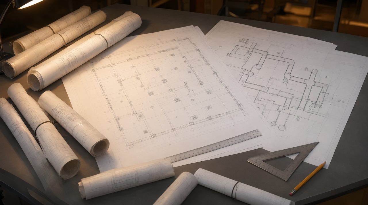An HVAC engineer's desk covered with reflected ceiling plan drawings showing diffuser layouts and ductwork diagrams.