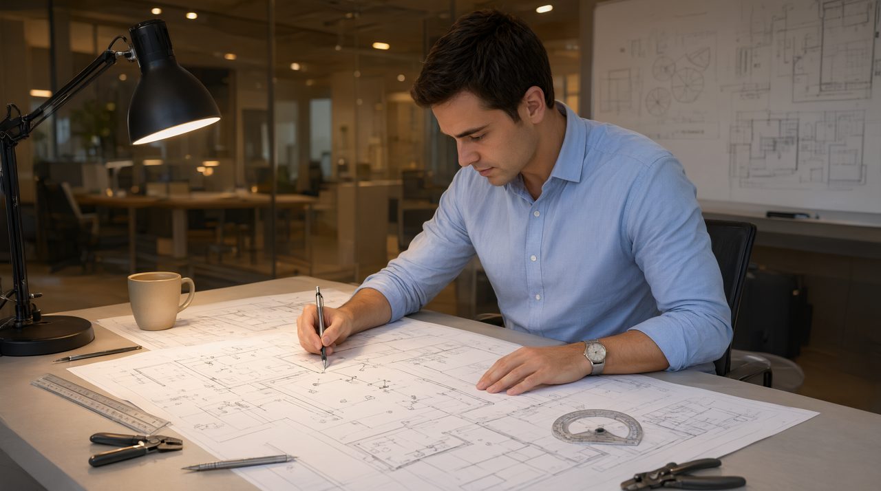 An electrical engineer reviewing lighting plans and a panel schedule at a drafting desk under warm office light.