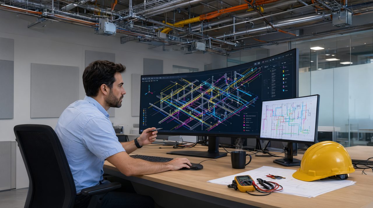 An MEP engineer reviews colorful electrical conduit routing drawings on large monitors in a modern office.