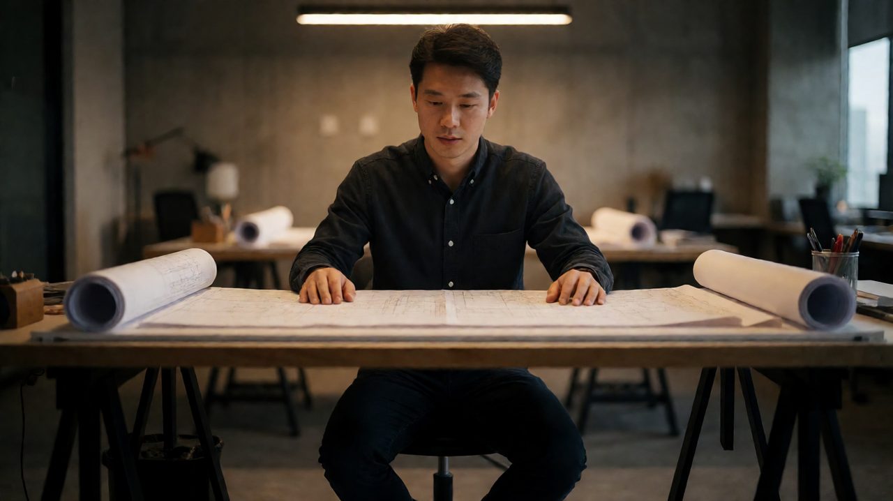An electrical engineer reviewing large drawing sheets spread across a drafting table.