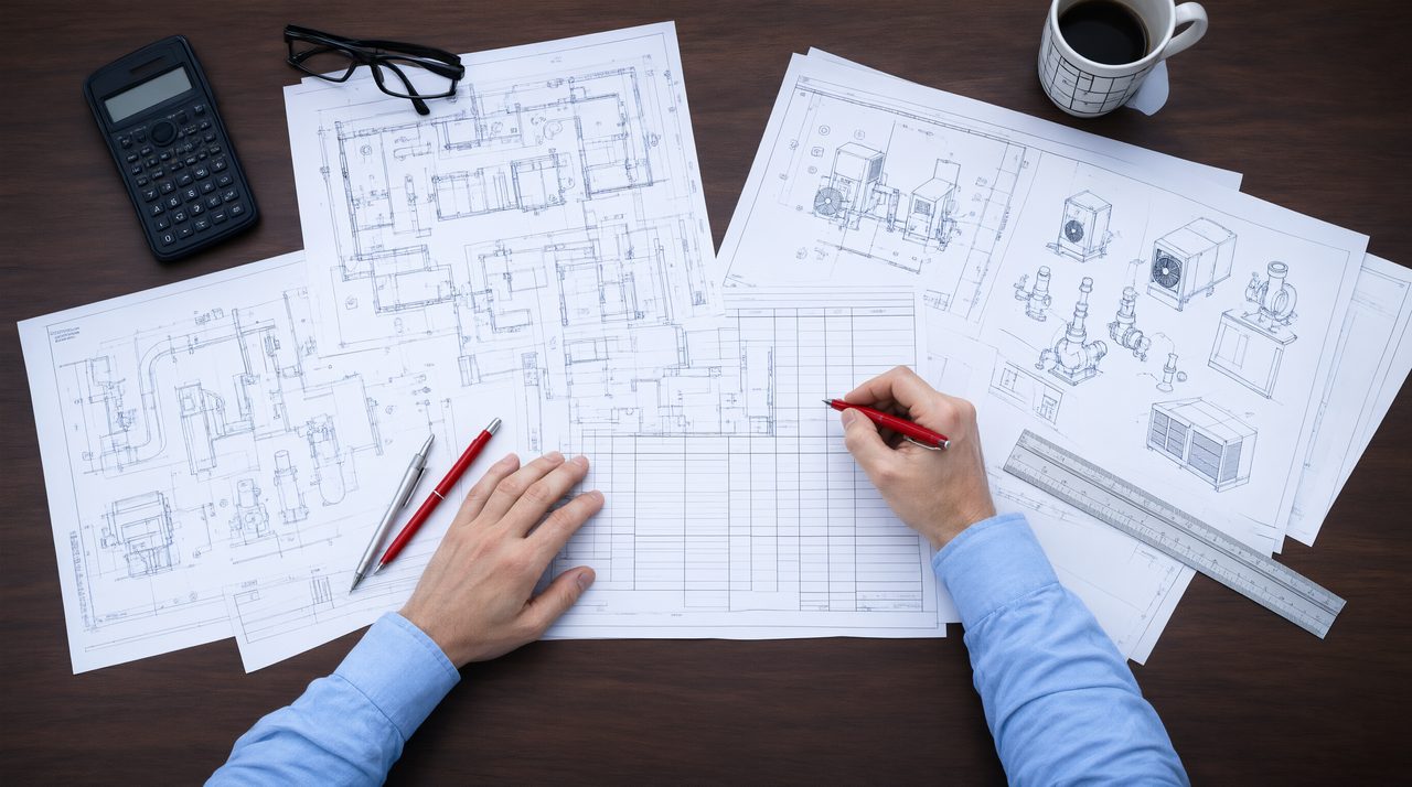An engineer reviewing mechanical equipment schedules and HVAC drawings on a desk.
