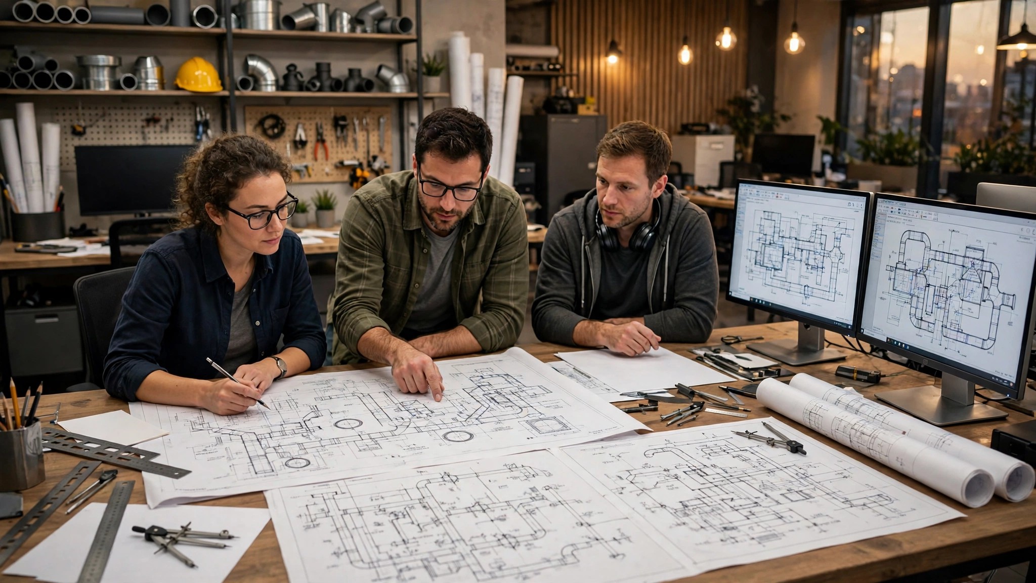 Three MEP engineers reviewing drawing sheets and ductwork plans together at a drafting workstation.