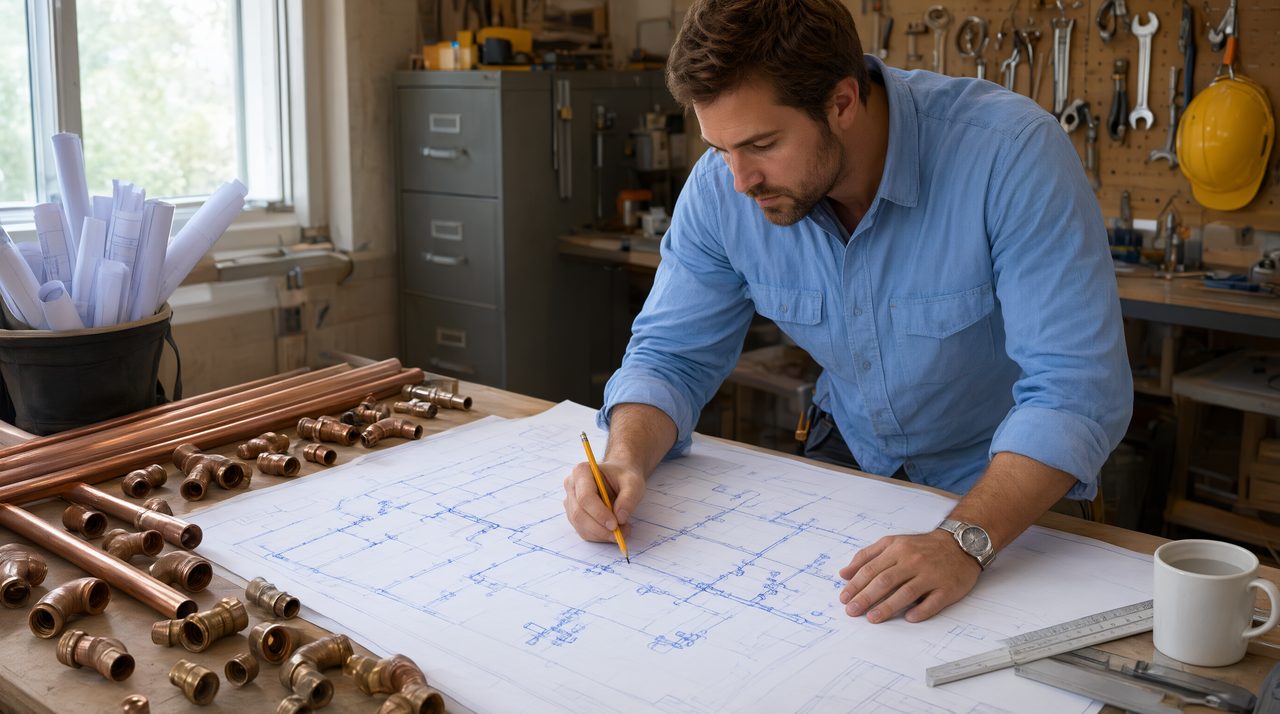 An engineer reviewing a large plumbing drawing at a desk with copper pipes and fittings nearby.