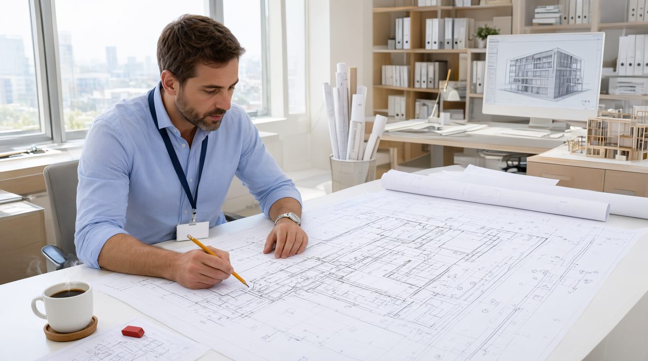 An engineer reviewing large MEP construction drawings spread across a desk in a bright office.