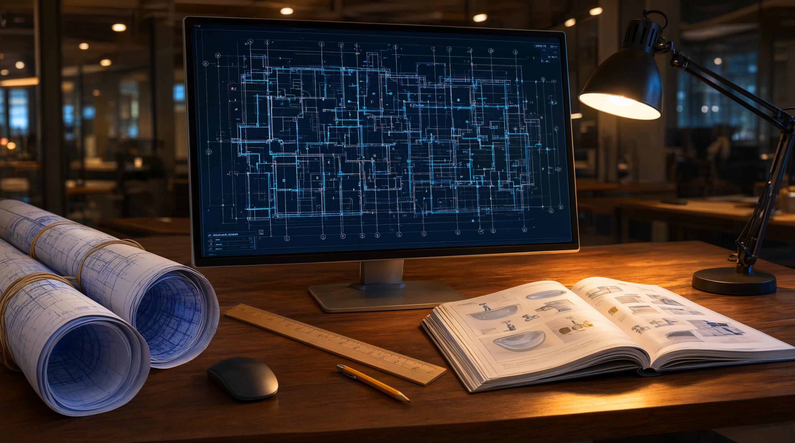 An MEP engineer reviewing plumbing drawings and a fixture schedule at a workstation.