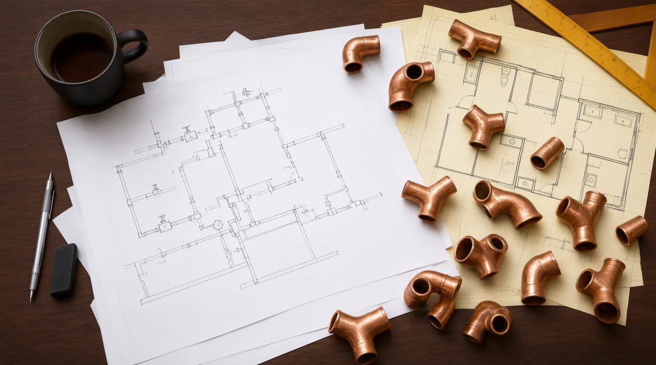 Printed plumbing riser diagram sheets and pipe fittings on an engineer's desk during a drawing revision.
