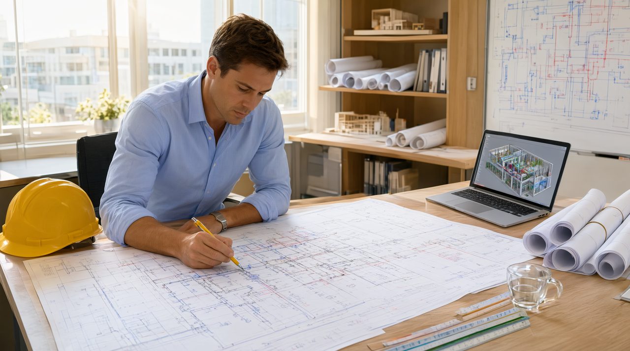 An MEP engineer reviewing large construction drawings spread across a desk in a bright office.