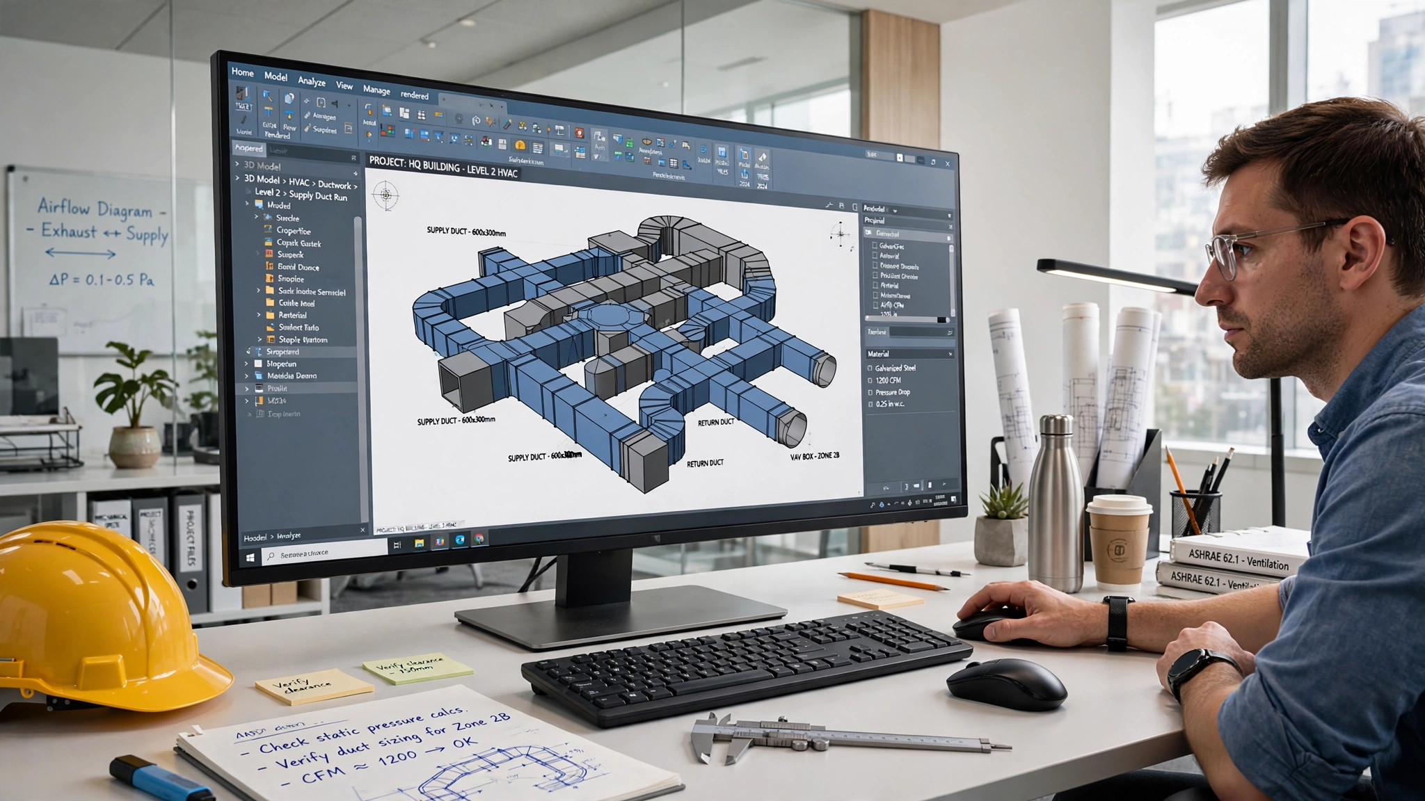Engineer reviewing a 3D HVAC ductwork model in CAD software