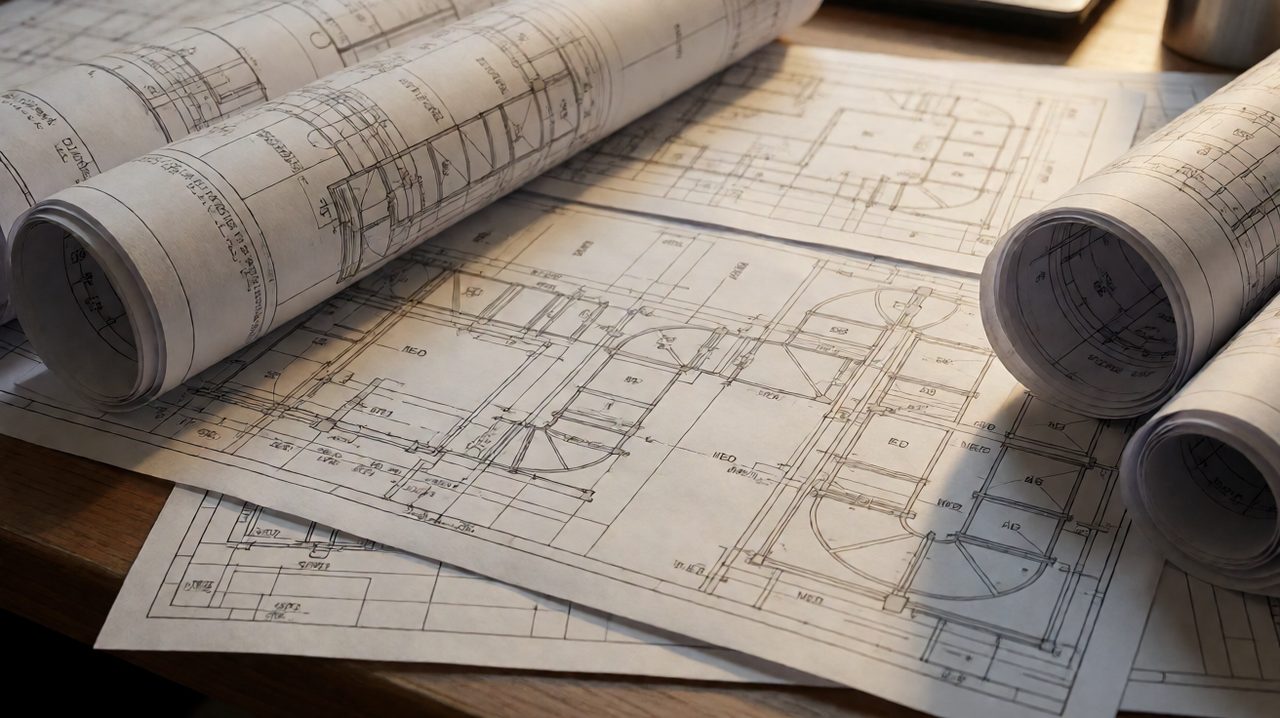 Rolled and spread MEP plan sheets showing ductwork and piping drawings on an engineer's desk.