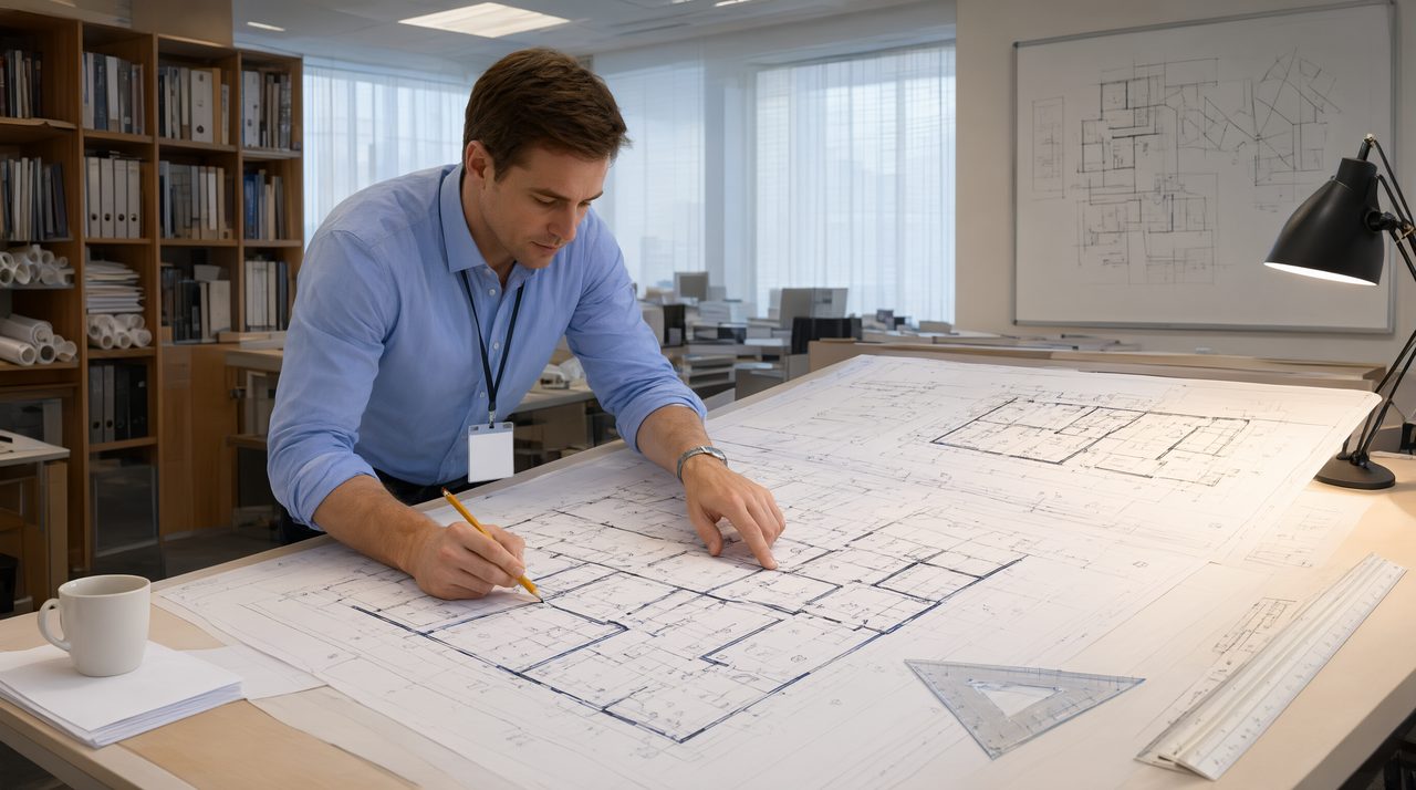 An engineer reviewing architectural floor plan drawings spread across a drafting table.