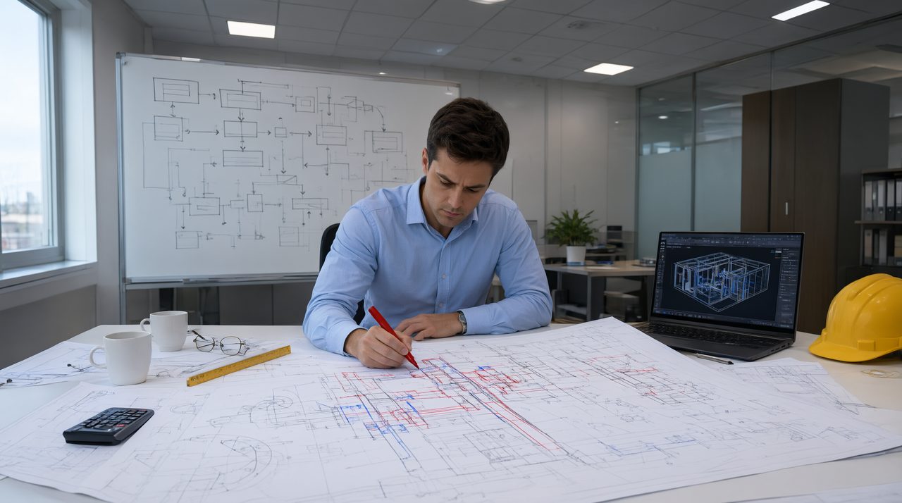 An MEP engineer marking up shop drawings and fabrication plans at a desk with a laptop running CAD software.