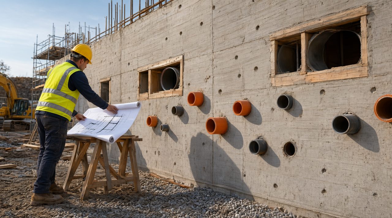 A construction engineer reviews drawings beside a concrete wall fitted with pipe sleeves and duct openings.