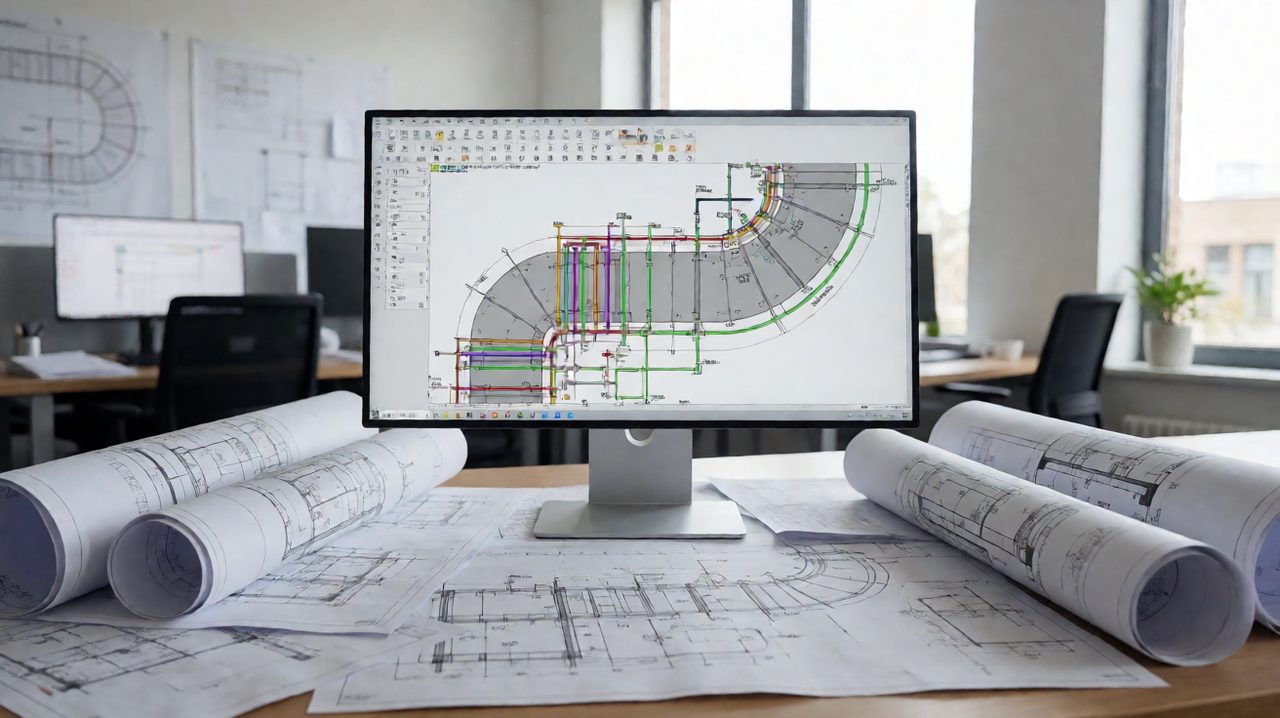 MEP engineer's desk with blueprints and a CAD monitor showing ductwork and piping layout.