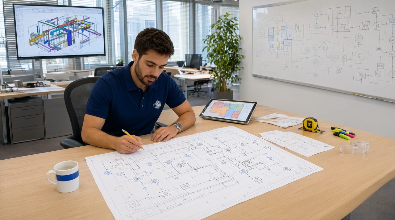 An HVAC engineer reviewing a mechanical controls drawing on a large desk with a thermostat layout visible on the plans.