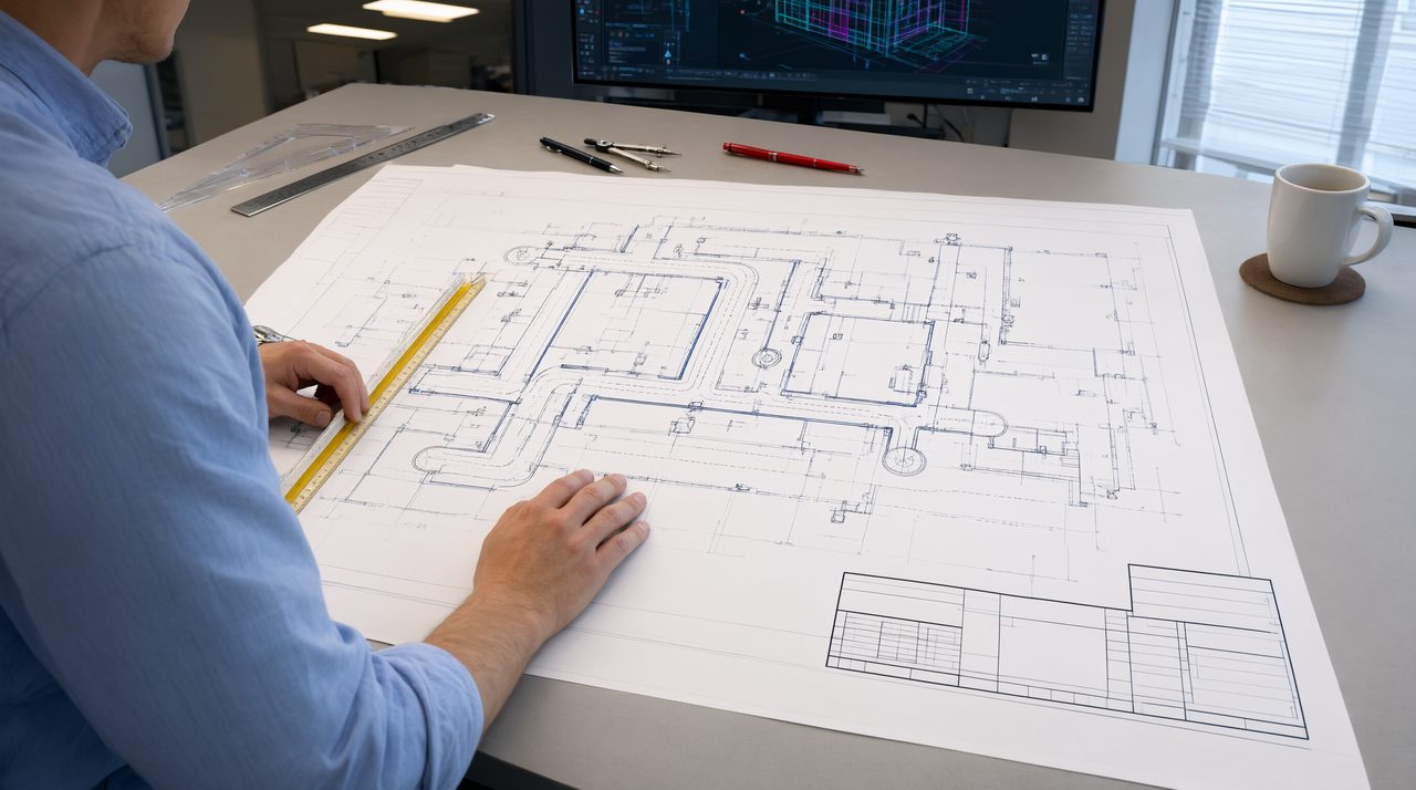 An engineer reviewing a large MEP drawing sheet with HVAC ductwork plans spread on a desk.