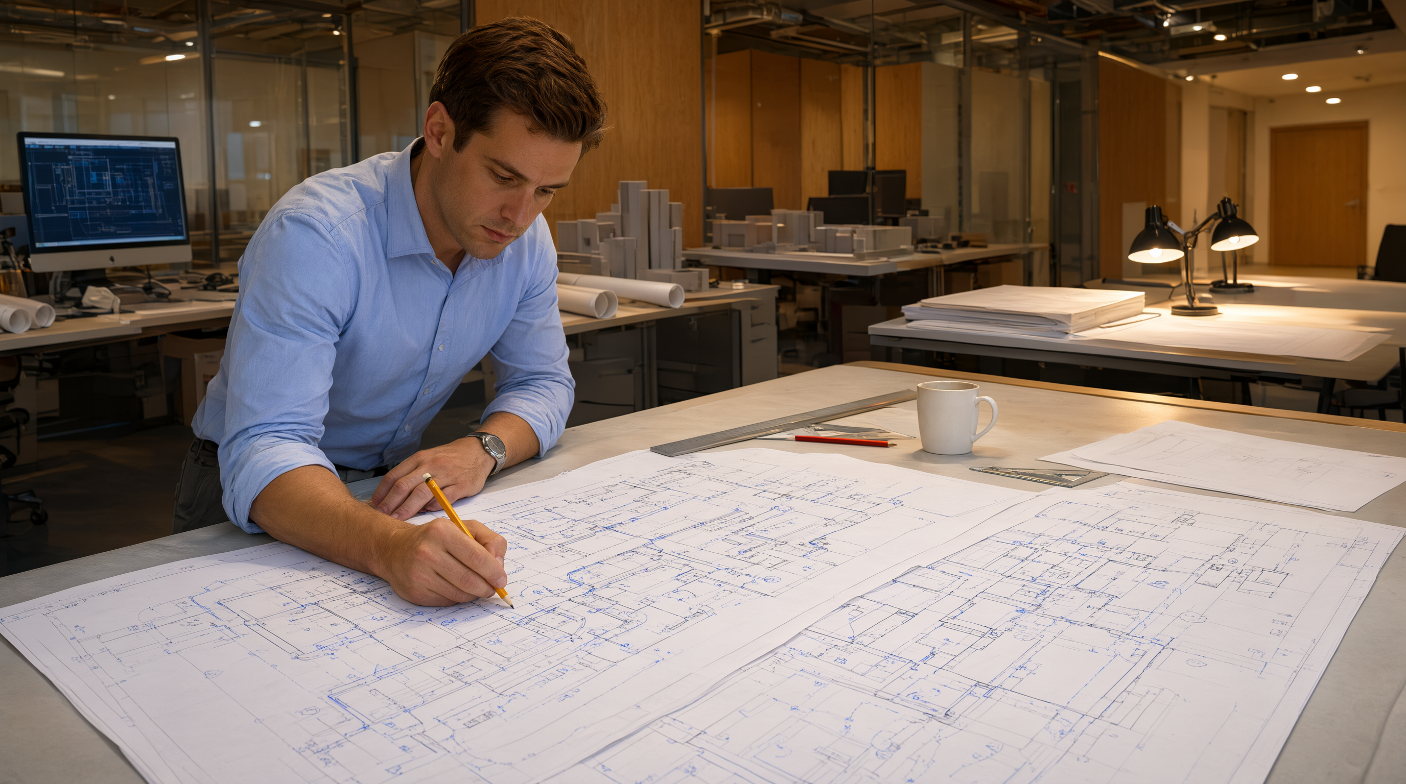 An MEP engineer reviewing large printed HVAC ductwork drawings spread across a drafting table in a modern engineering office.