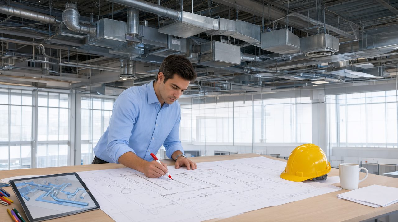 An MEP engineer reviewing HVAC ceiling plans and ductwork drawings with VAV terminal units shown in the ceiling.