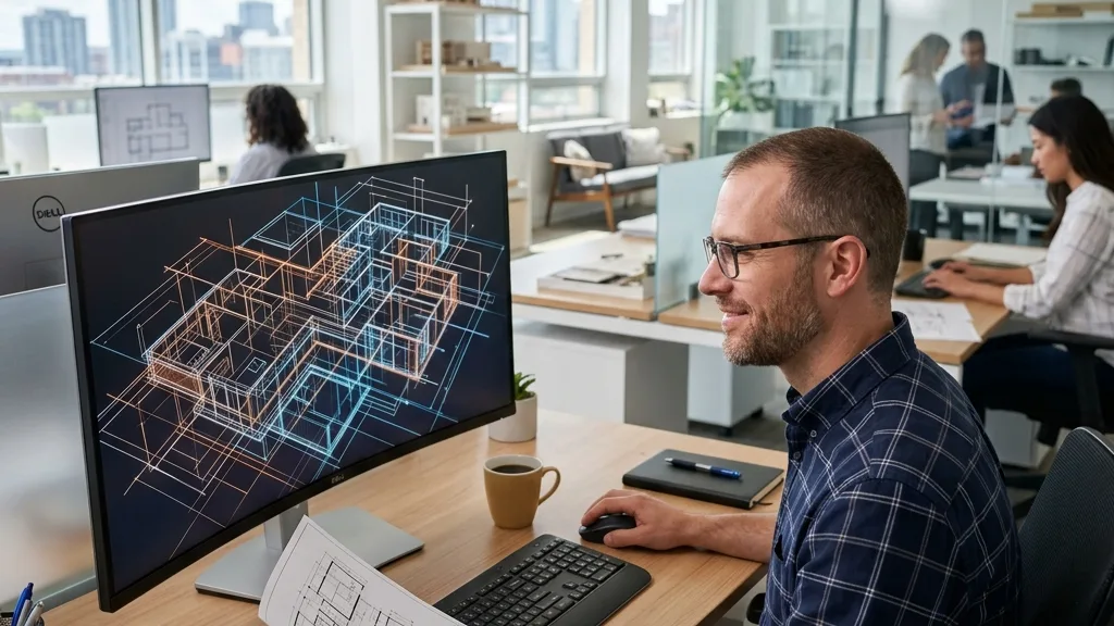 A professional CAD designer reviewing a clean architectural background on a workstation in a modern office.