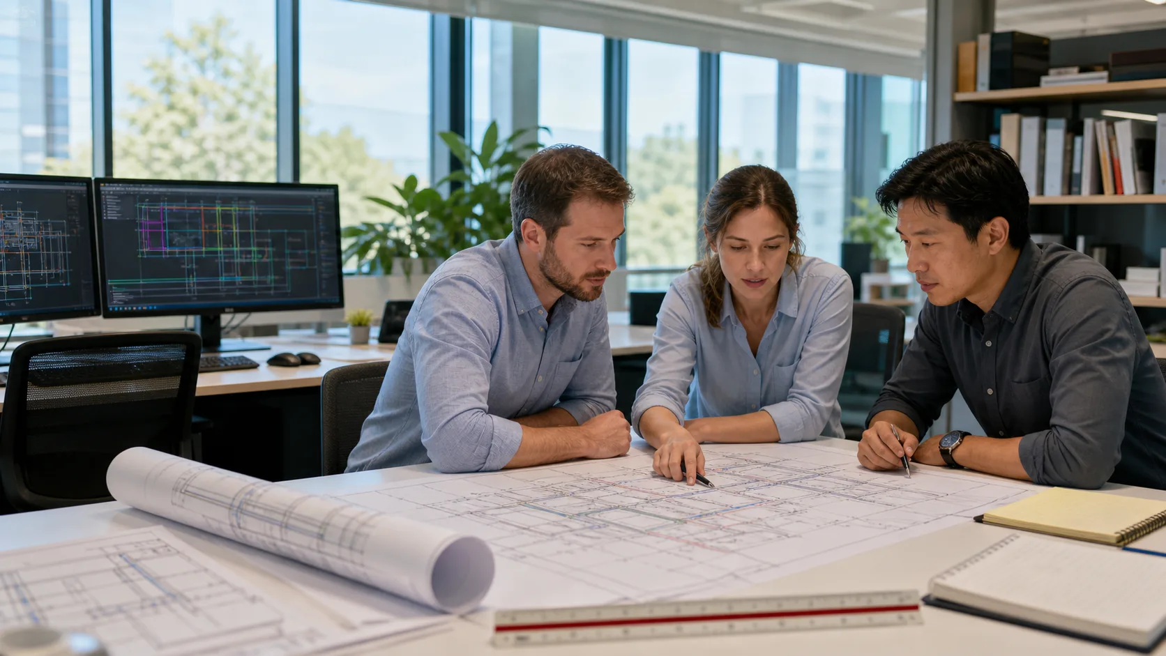 MEP professionals reviewing HVAC, plumbing, and electrical drawings together in a modern engineering office