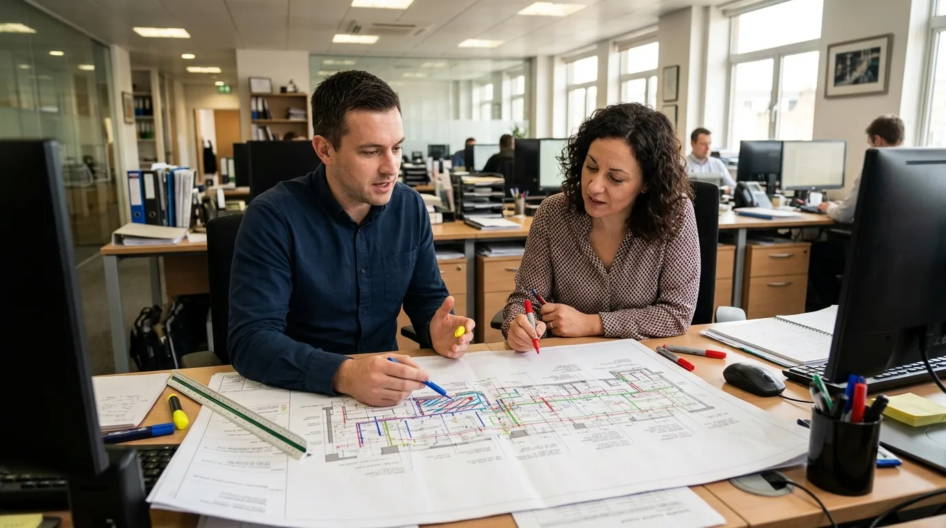An MEP designer and a CAD manager collaborating at a modern desk in an office, reviewing a large printed layout of a congested corridor ceiling plenum coordination drawing highlighted with colorful markers.