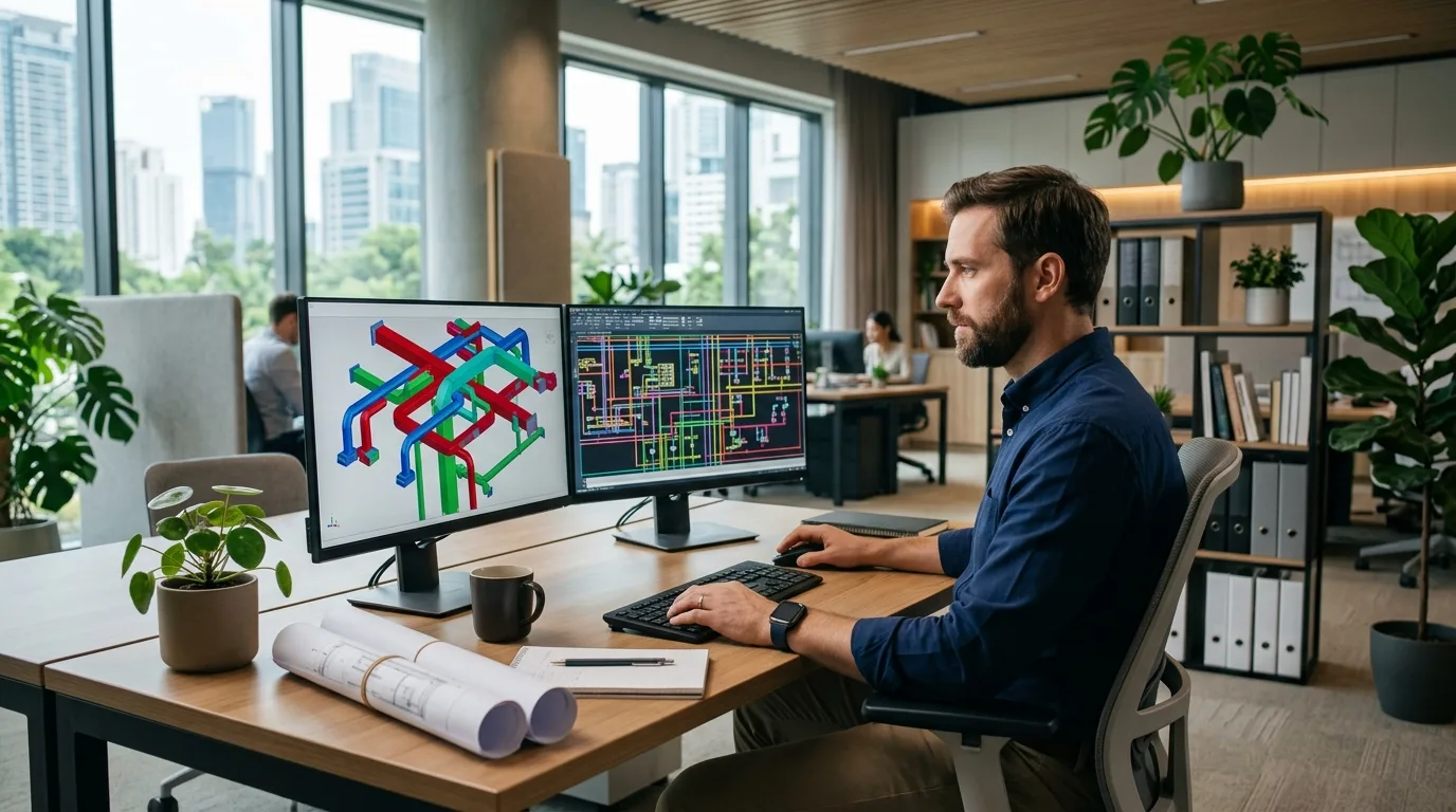 A professional engineering office workstation showing an engineer coordinating mechanical and electrical equipment layout designs on dual computer monitors.