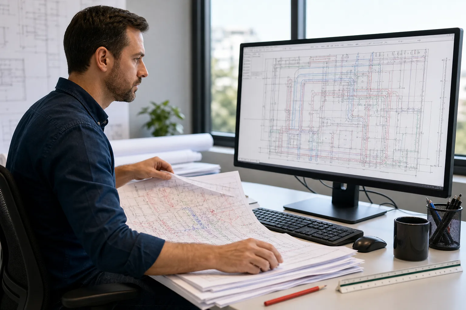 CAD manager reviewing field-marked MEP plans beside a clean AutoCAD-style drawing for as-built updates