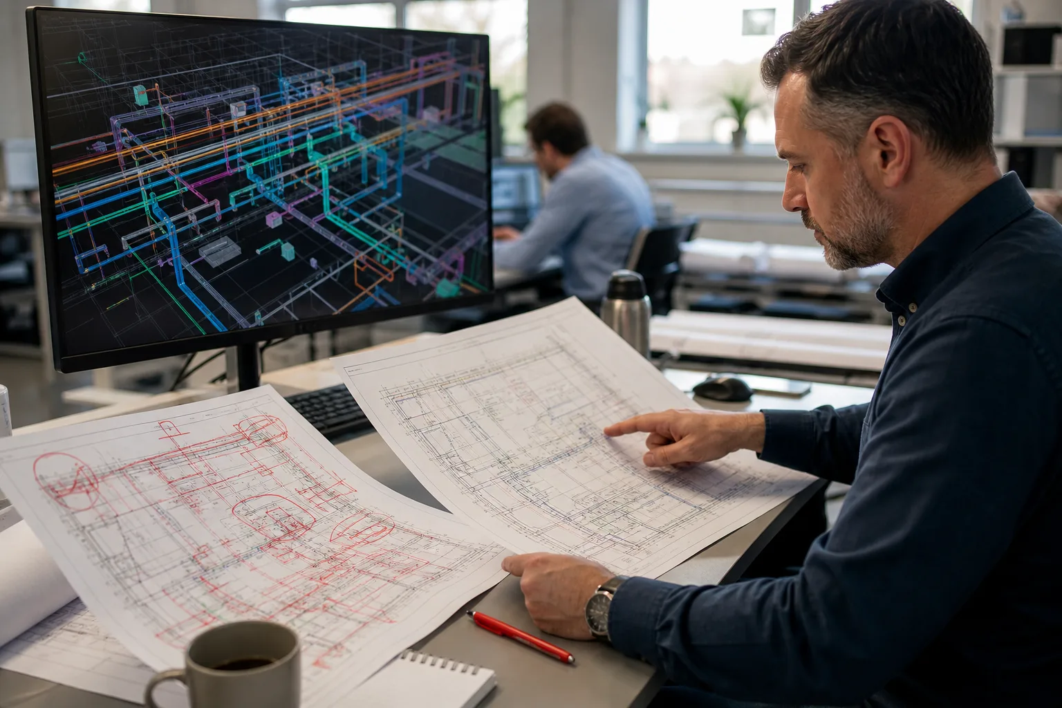 CAD manager reviewing marked and cleaned MEP plans beside an AutoCAD-style workstation during late-stage drawing revisions