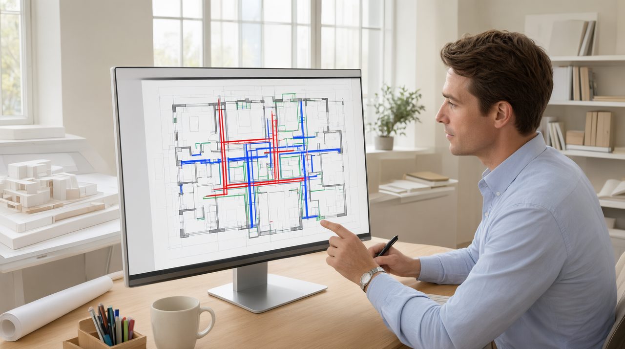 An engineer reviewing a large CAD floor plan with colored MEP layers on a monitor.