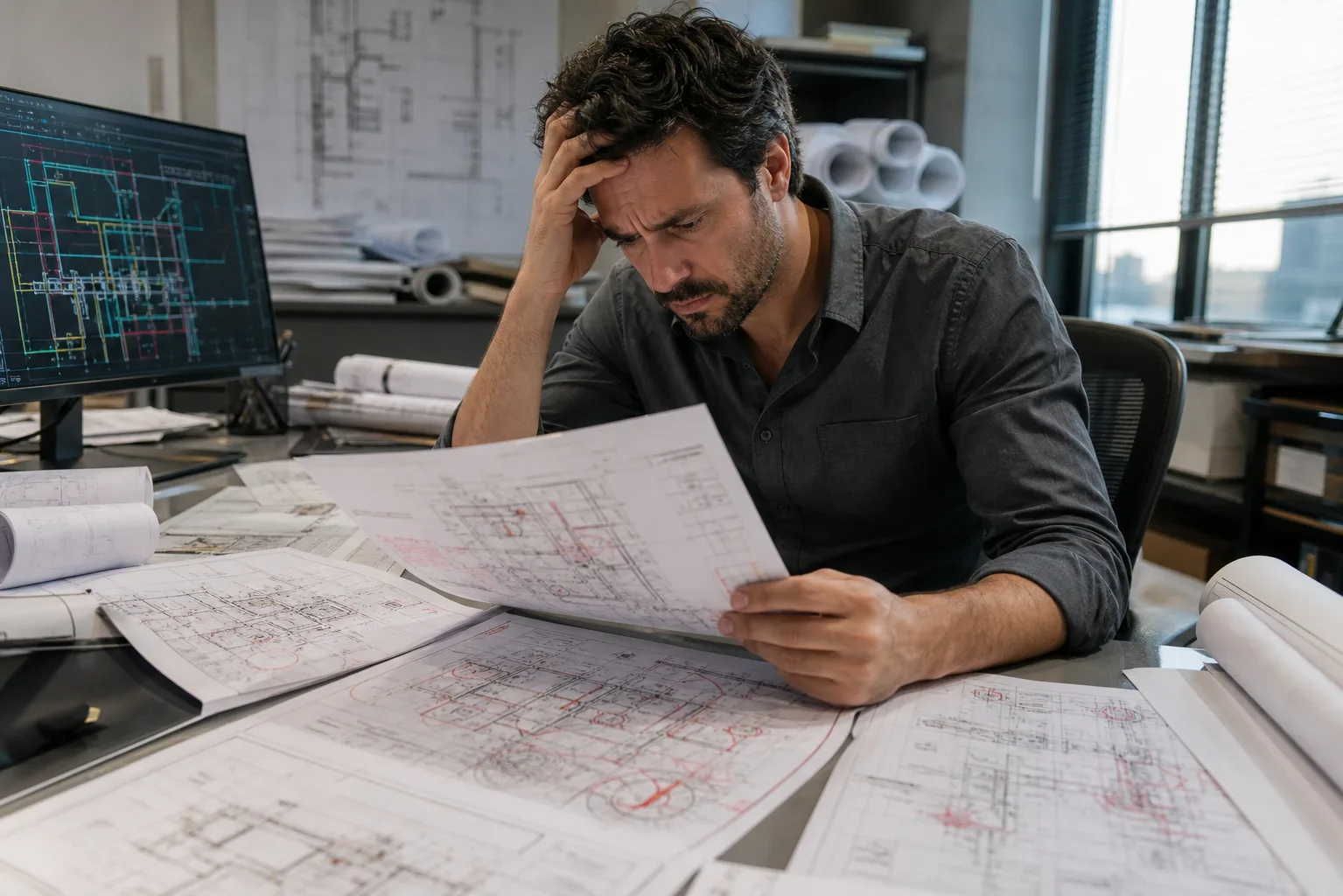 Stressed CAD manager reviewing inconsistent MEP redlines and drawing revisions at a workstation