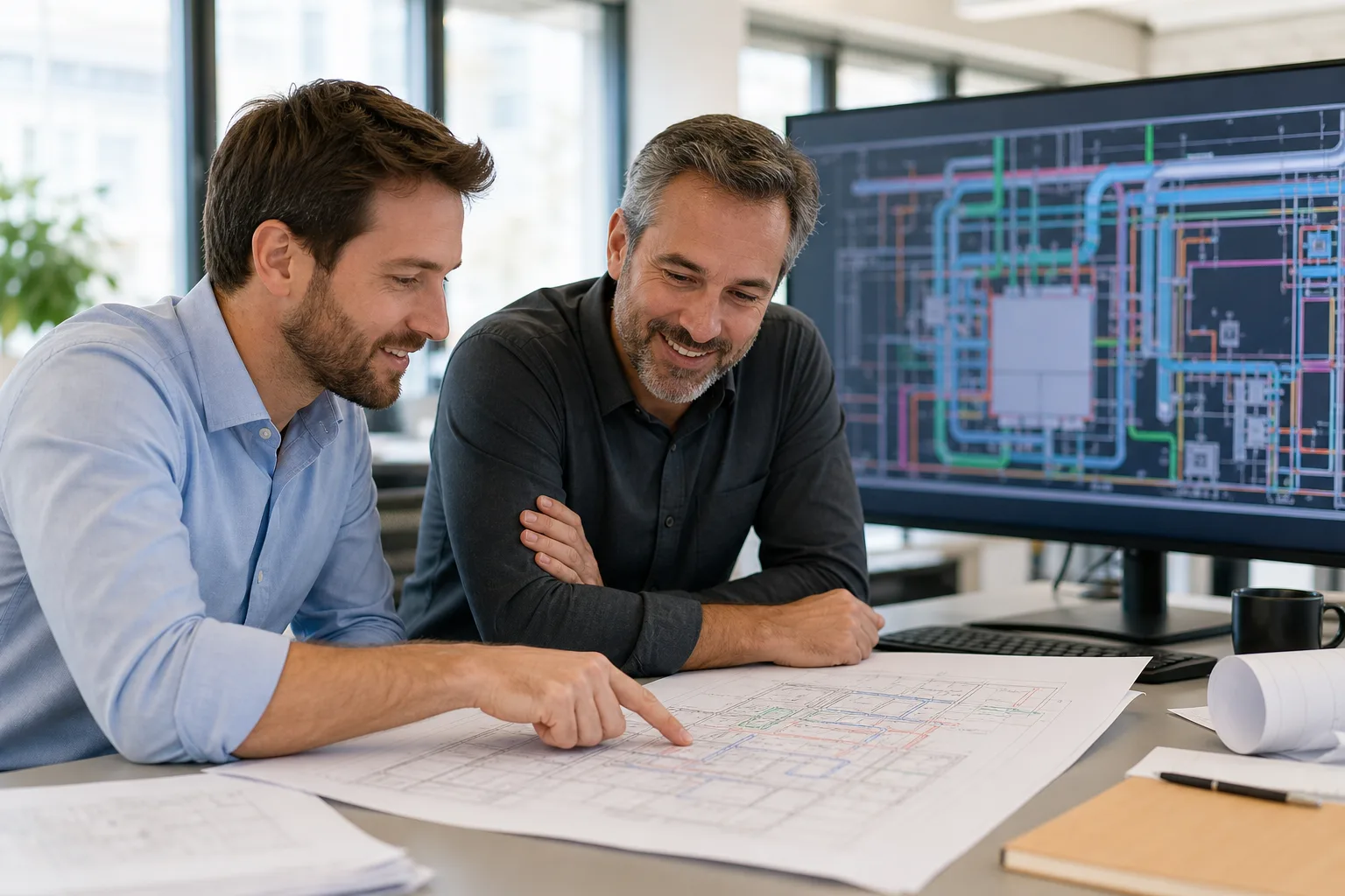 MEP engineer and CAD manager reviewing a DWG handoff plan at a workstation