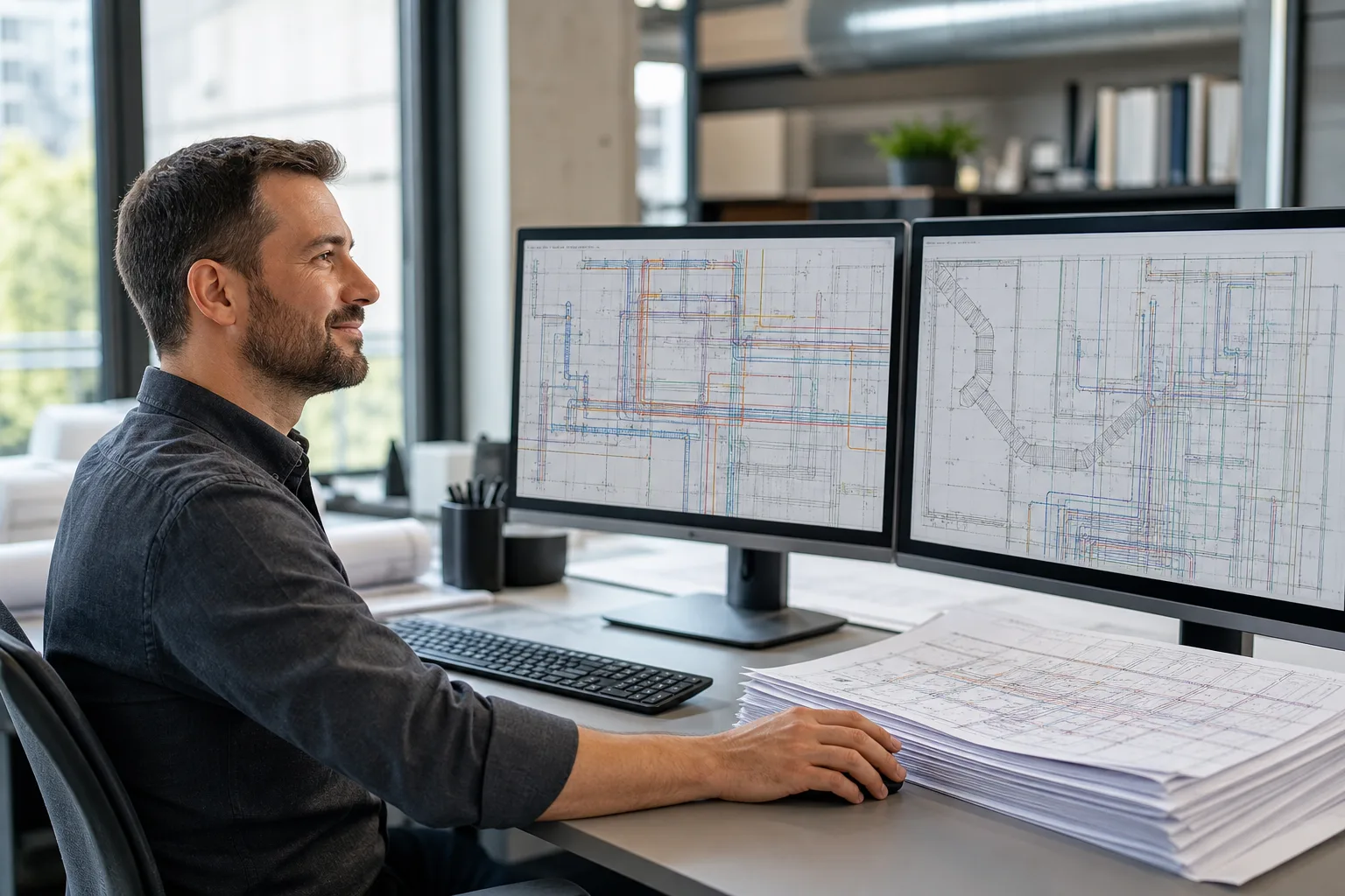 CAD manager reviewing organized AutoCAD-style MEP resubmittal drawings at a workstation after completing DWG updates