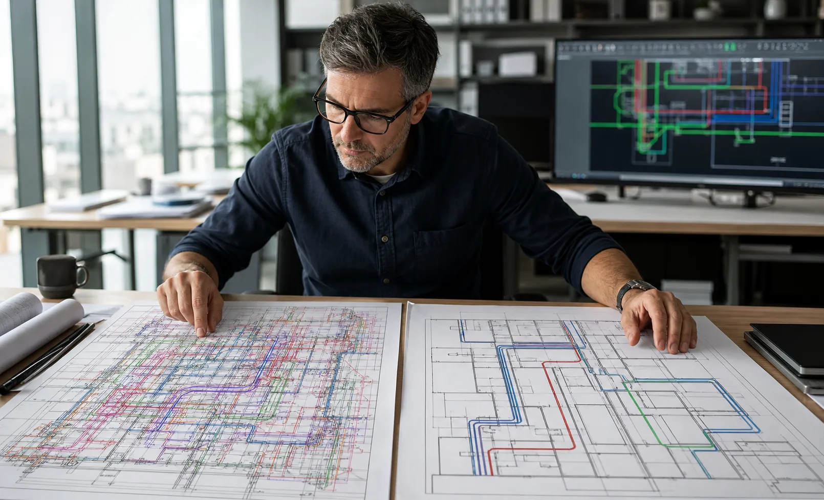 CAD manager normalizing messy AutoCAD MEP layers across HVAC, plumbing, and electrical drawings at an engineering workstation