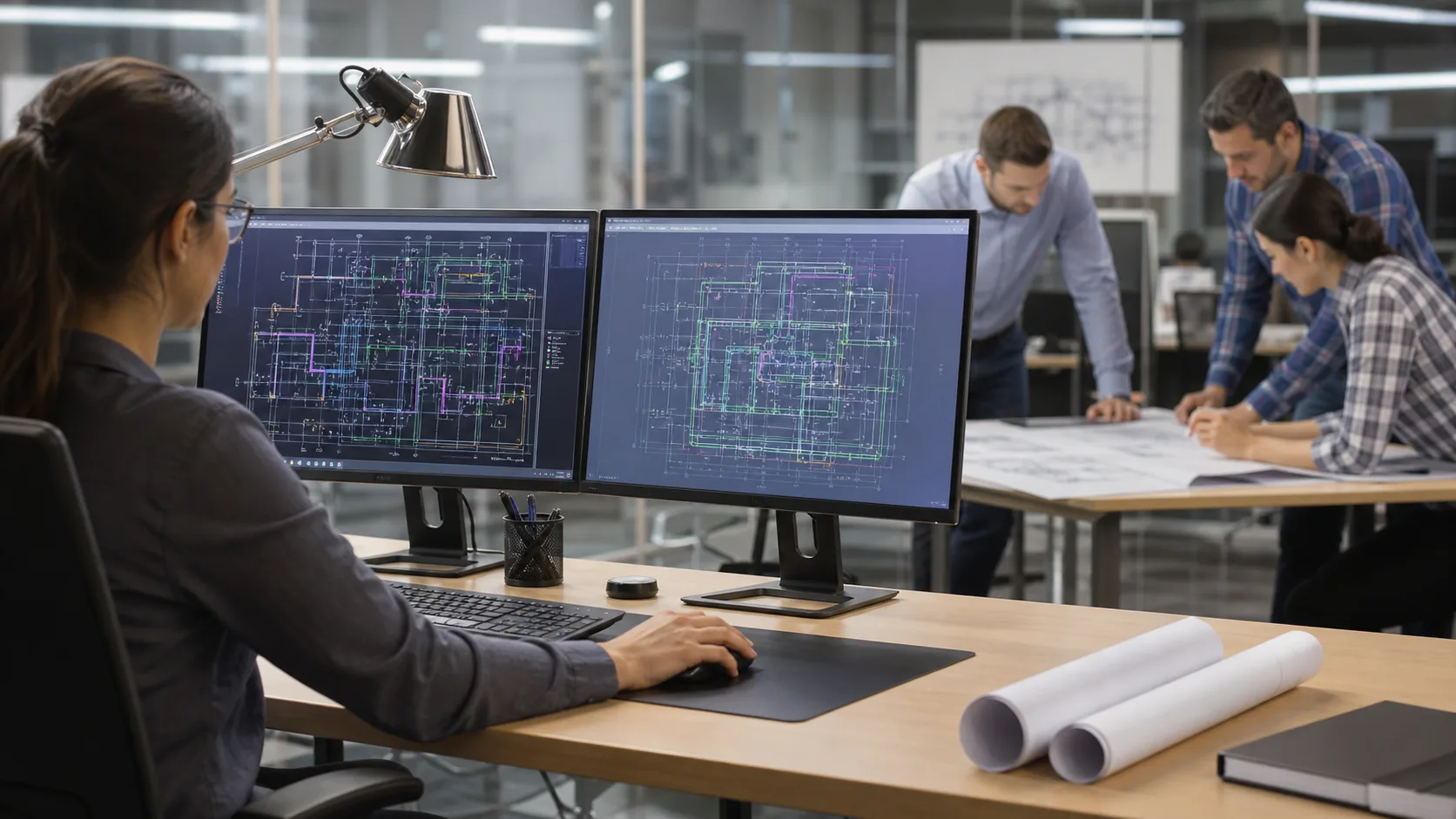 Modern engineering office with MEP professionals reviewing AutoCAD-style HVAC, plumbing, and electrical drawings at a workstation.